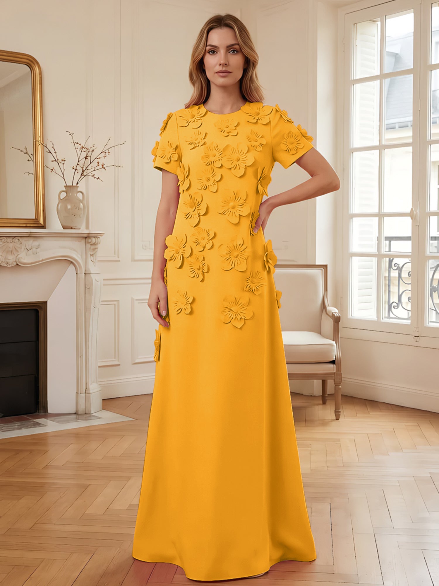 Short Sleeve Crew Neck A-Line Gown with 3D Floral Appliques Evening Dresses