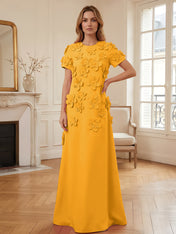 Short Sleeve Crew Neck A-Line Gown with 3D Floral Appliques Evening Dresses