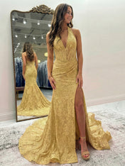 Black Mermaid Lace Halter Long Prom Dress with Slit