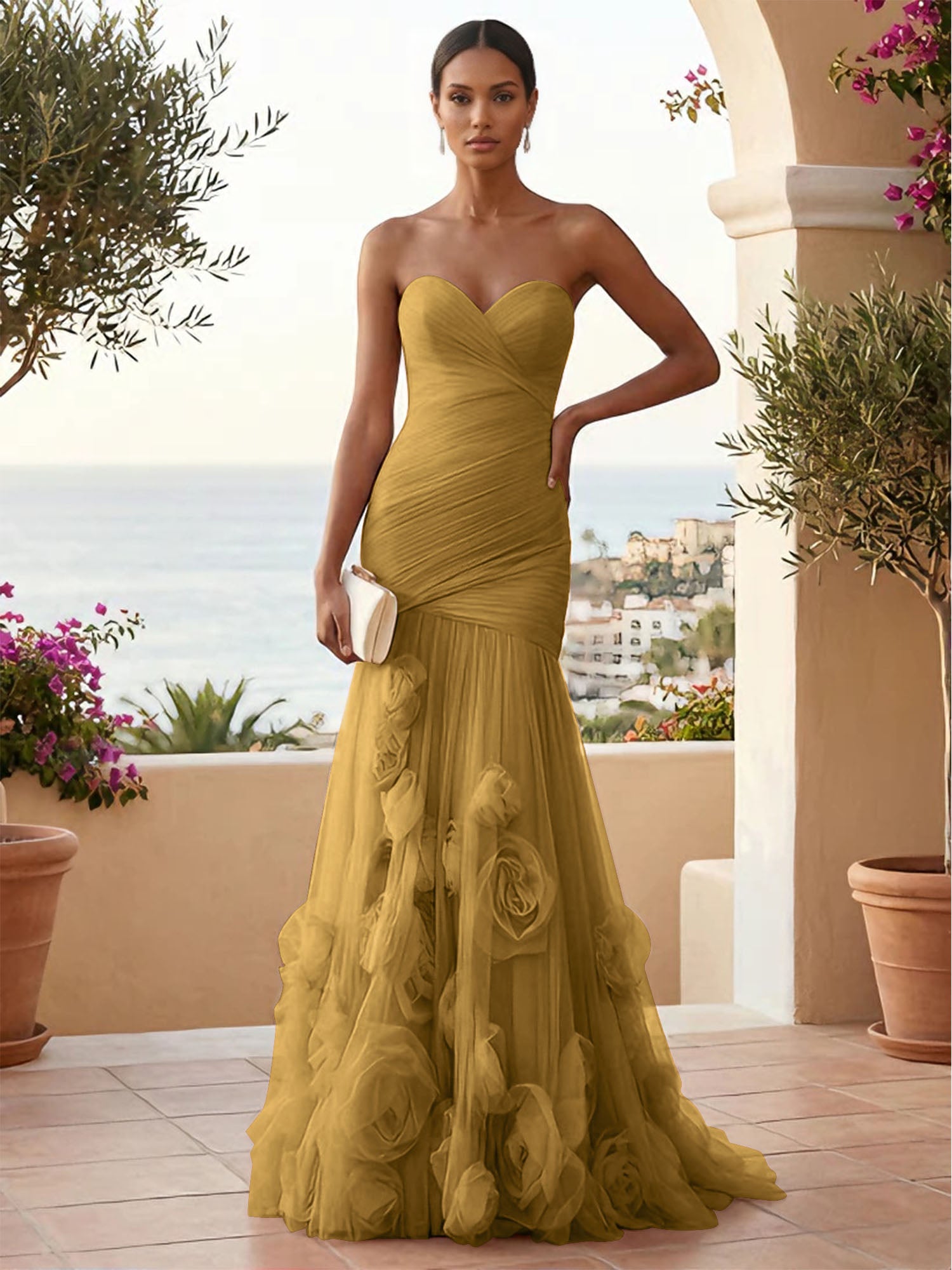 Sweetheart Tulle Pleat Mermaid Evening Dresses with 3D Flower