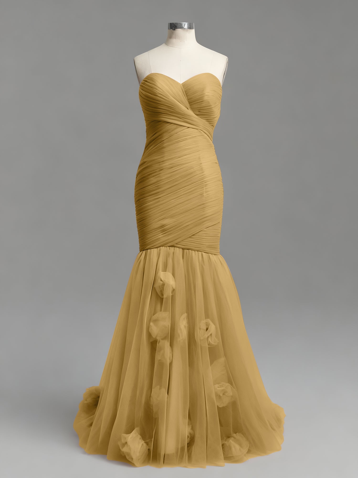 Dusty Rose Mermaid Strapless Ruched Tulle Prom Dress with 3D Floral