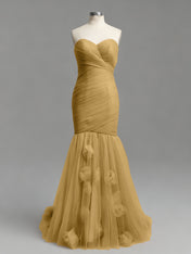 Meerjungfrauen-Abendkleid in Dusty Rose, trägerlos, gerafft, Tüll, mit 3D-Blumenapplikationen