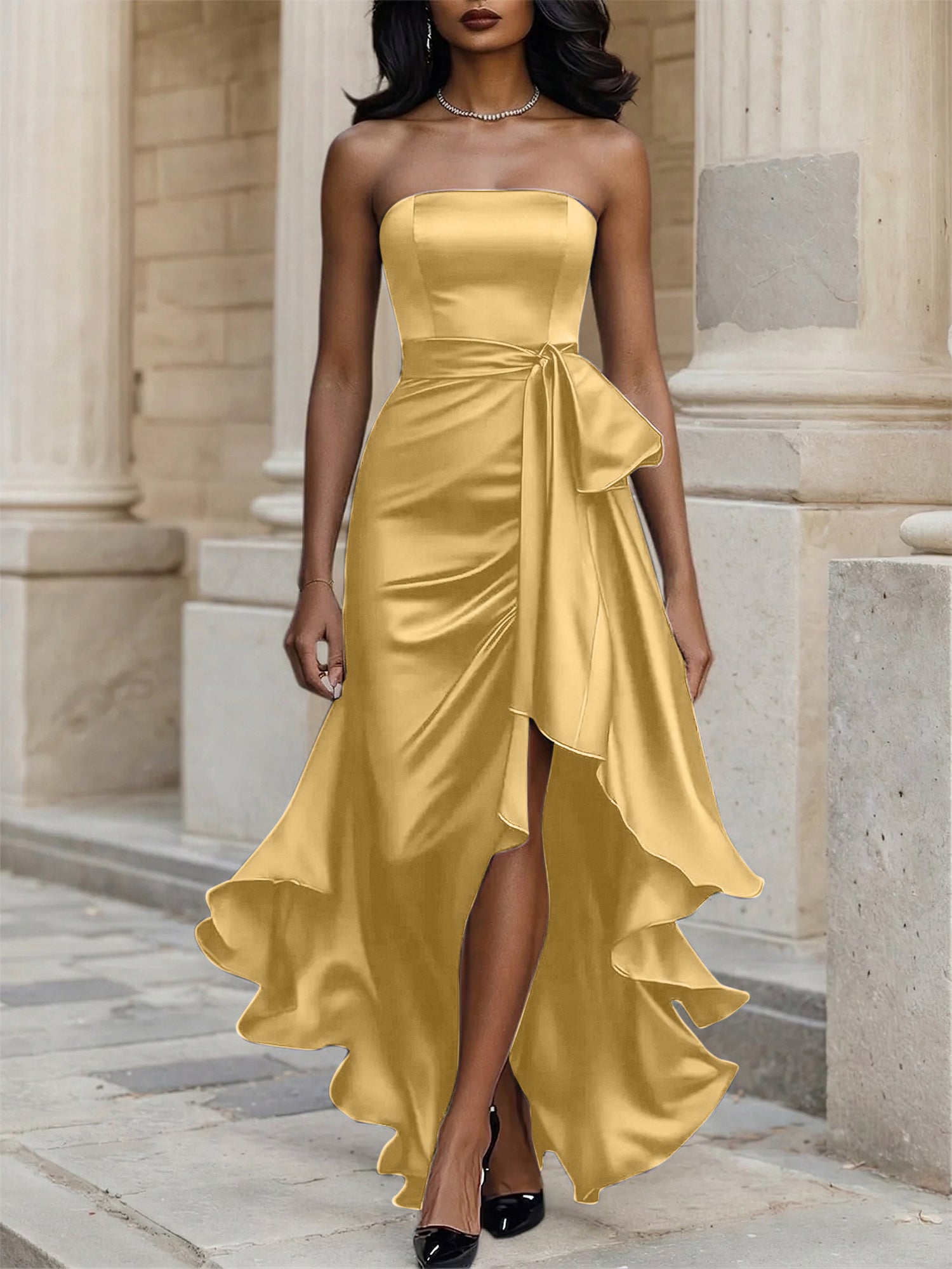 Glamorous Formal Dress Midnight Navy Strapless Satin Gown Midi Dress