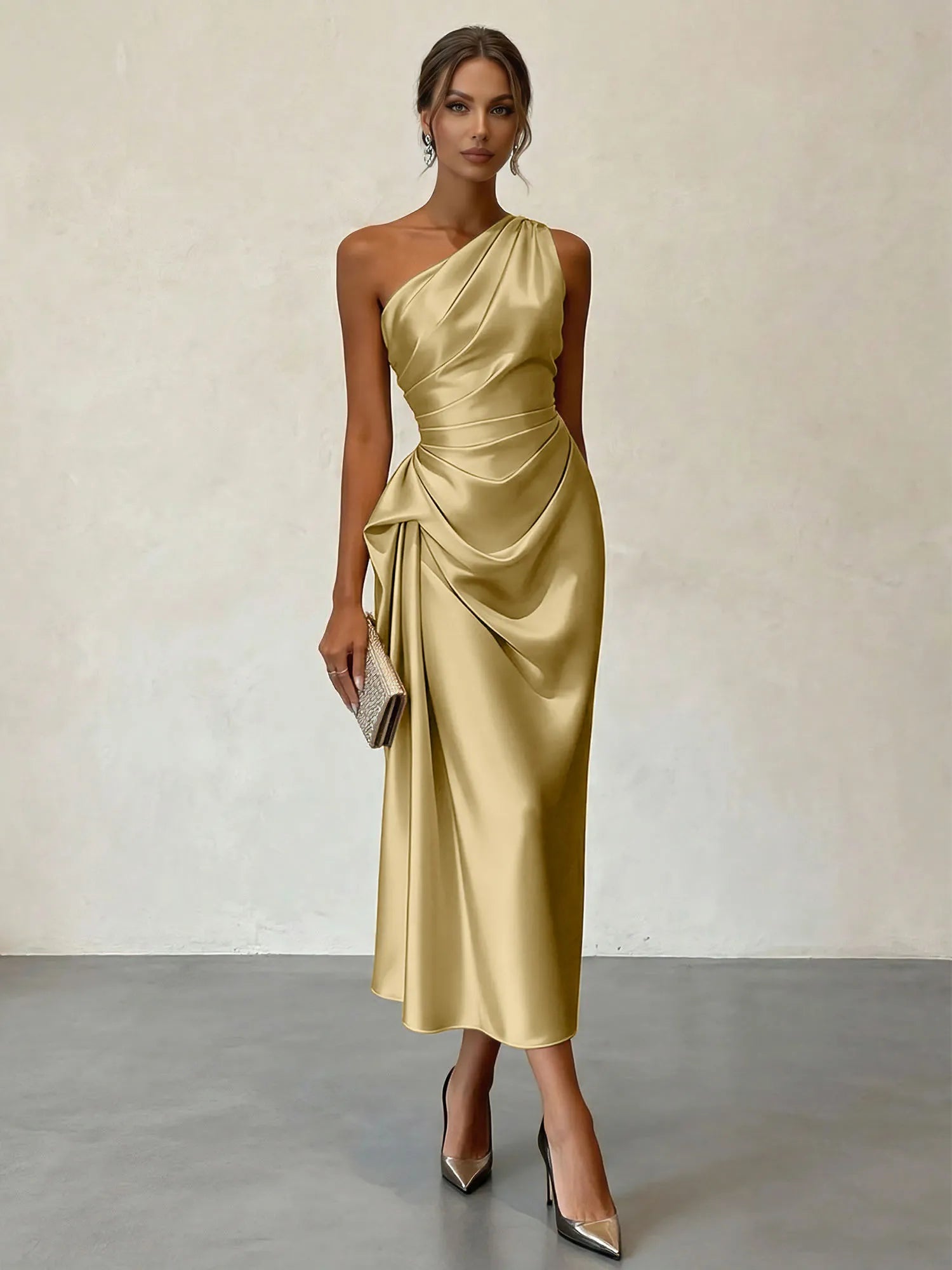 Champagne Ruched Satin One Shoulder Sleeveless Sheath Midi Dress