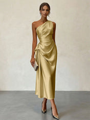 Champagne Ruched Satin One Shoulder Sleeveless Sheath Midi Dress