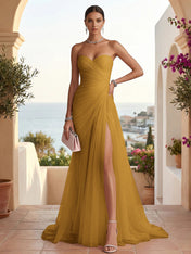 Strapless Sweetheart High Slit Tulle Pleat Prom Dress Evening Dresses