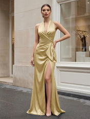 Navy Blue Halter V-Neck Satin Gown with Side Knot and High Slit Evening Dress