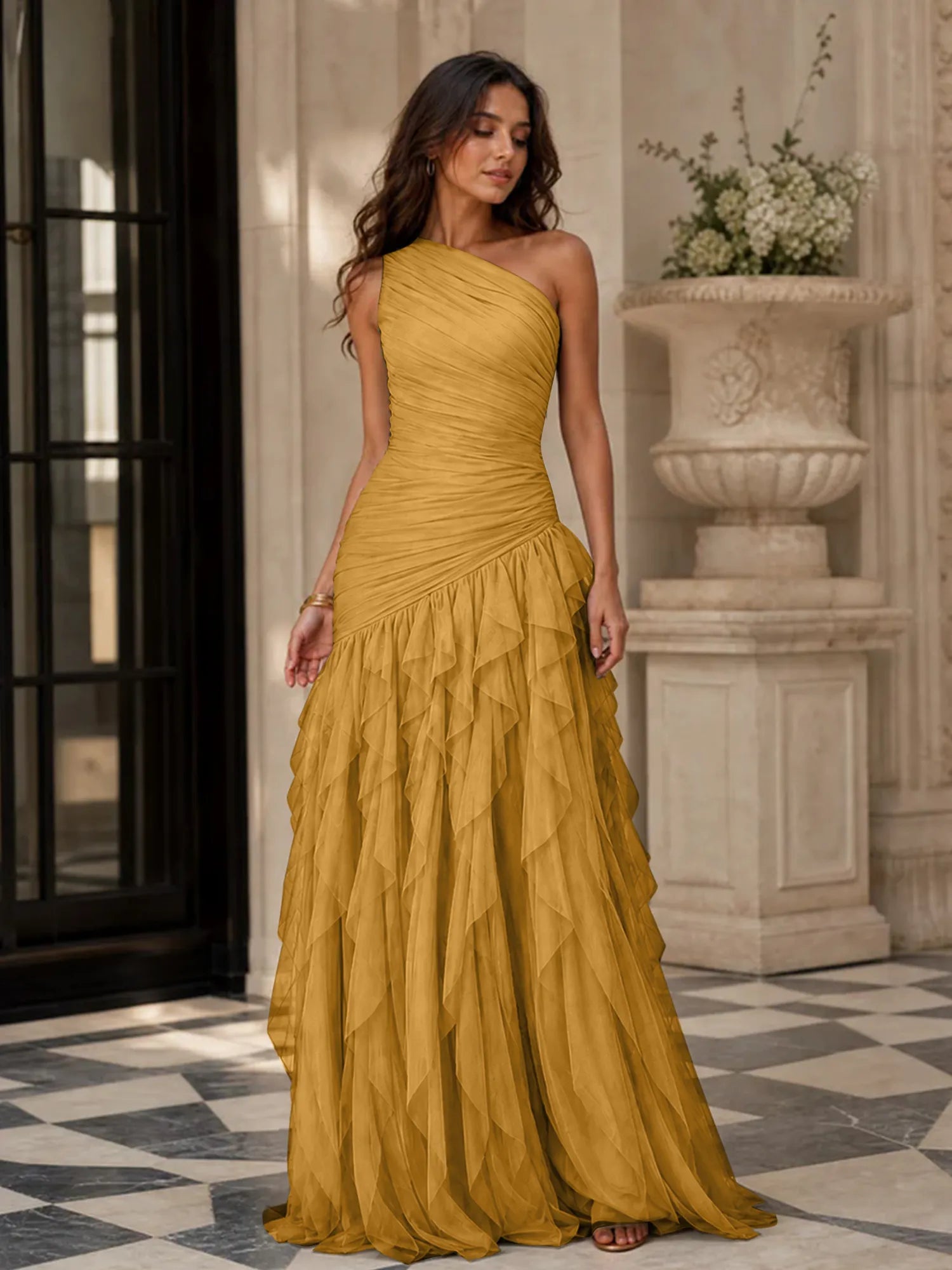 Emerald Green One-Shoulder Ruched Asymmetric Ruffle Chiffon Floor-Length Gown Dress