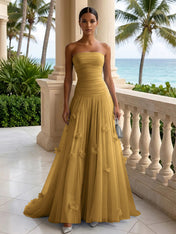 Light Blue Evening Dress with 3D Flower Strapless Pleat Maxi Dress