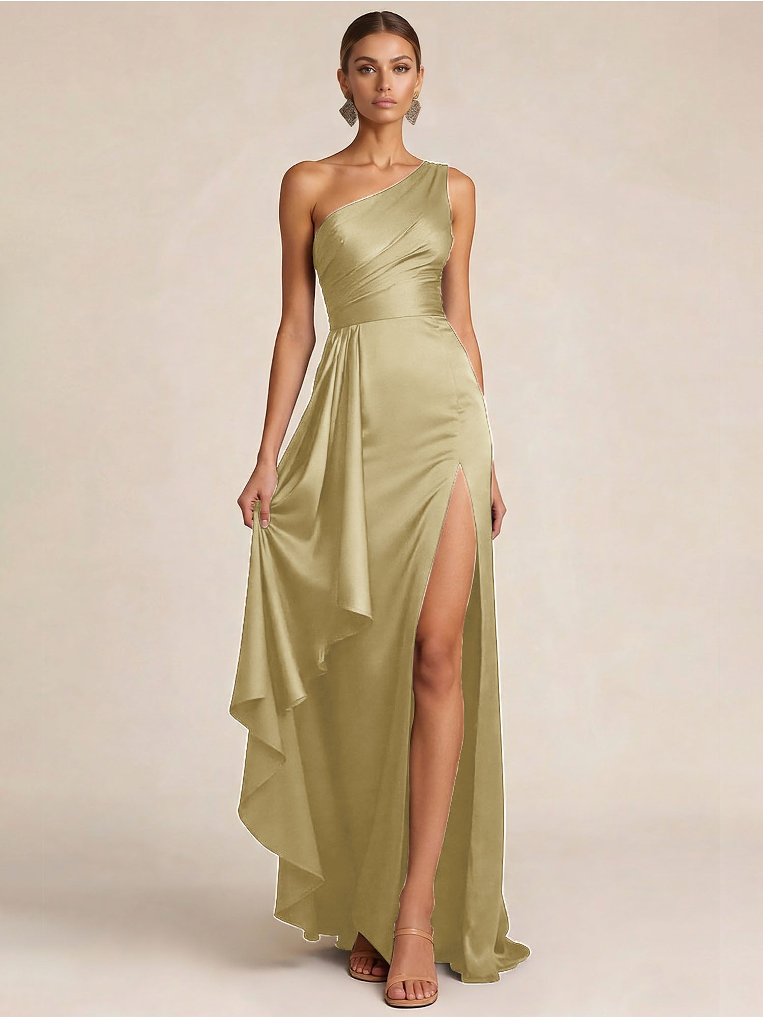 Sleek Foraml Evening Gown Midnight Navy One-Shoulder Satin Slit Maxi Dress