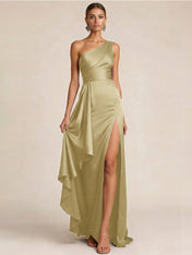 Sleek Foraml Evening Gown Midnight Navy One-Shoulder Satin Slit Maxi Dress