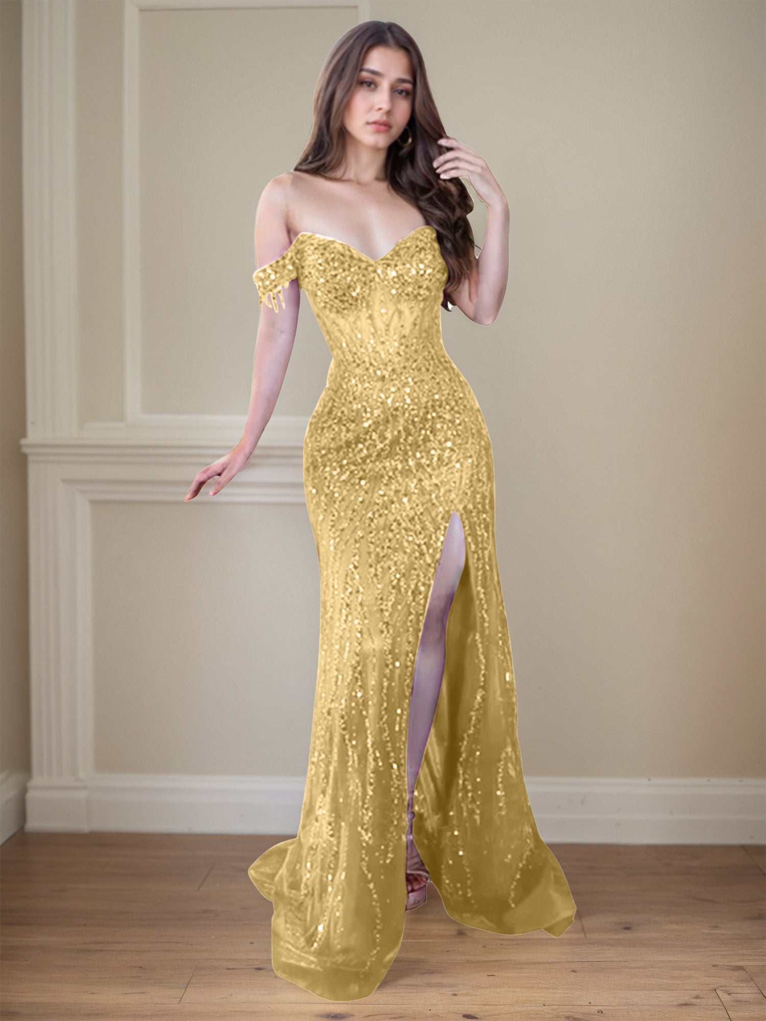 Red Off-the-Shoulder Beaded Tulle Long Prom Dress with Swirling Sequins