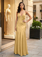 Green Appliques Soft Satin Long Prom Party Dress