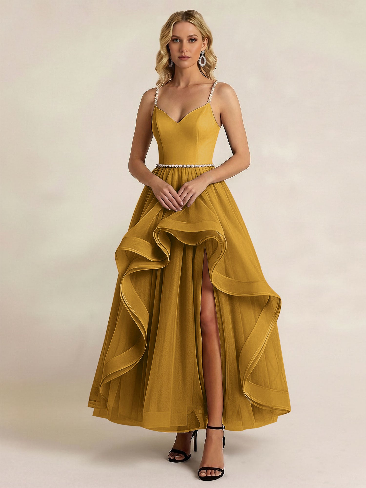 Black Tulle Ruffled A Line Long Formal Dress with Slit