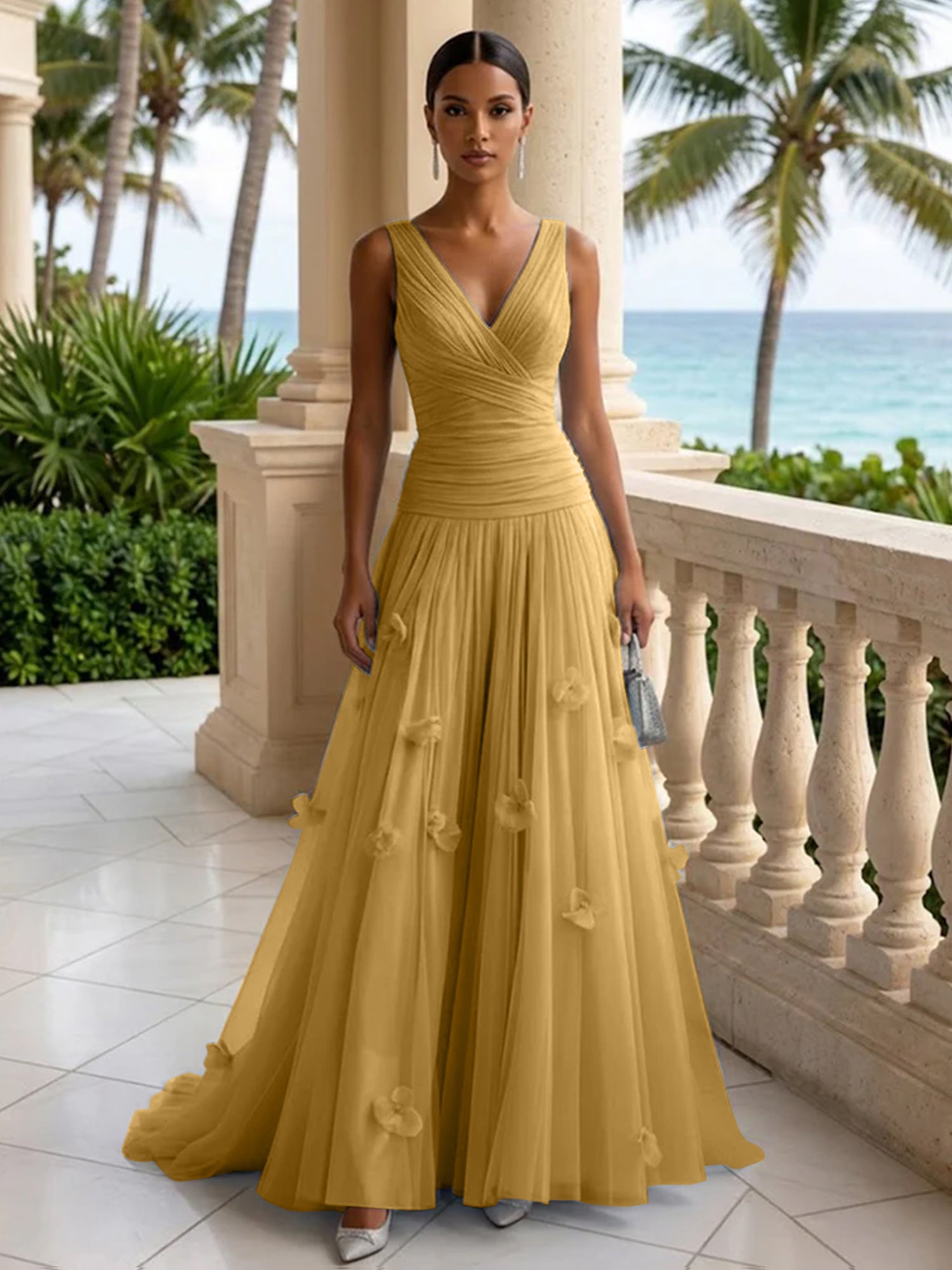 Light Blue Evening Dress with 3D Flower V Neck Pleat Maxi Dress