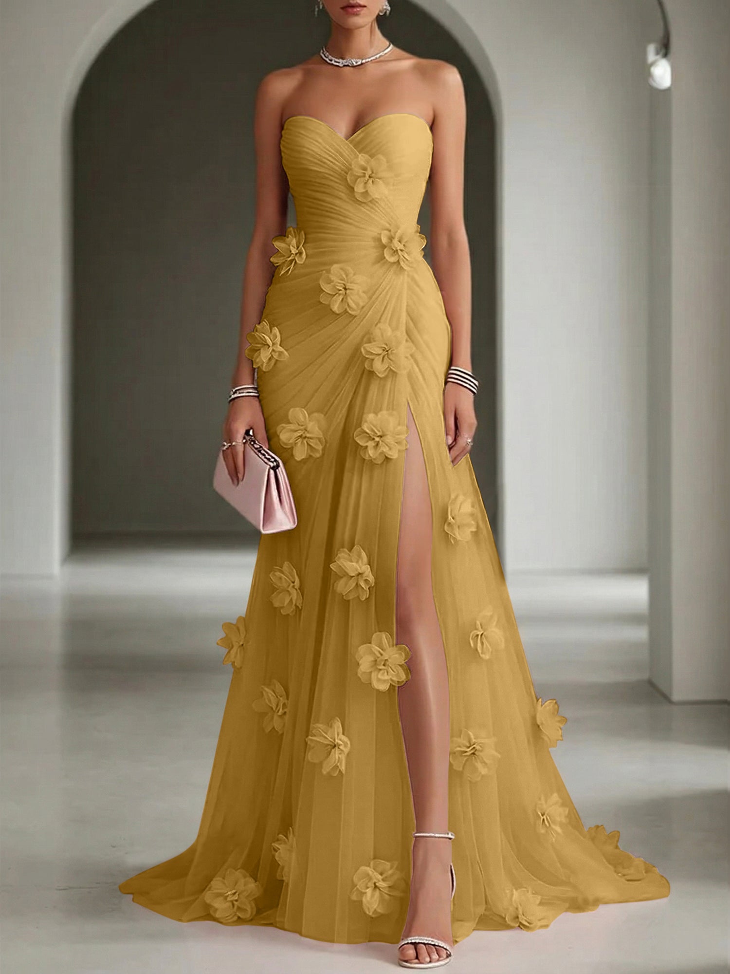 Ethereal Blush Slit 3D Floral Strapless Tulle Gown Dress