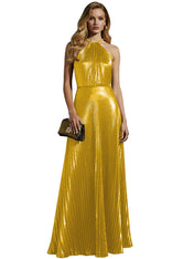 Luxurious Champagne-Gold Pleated Halter Long Prom Dress