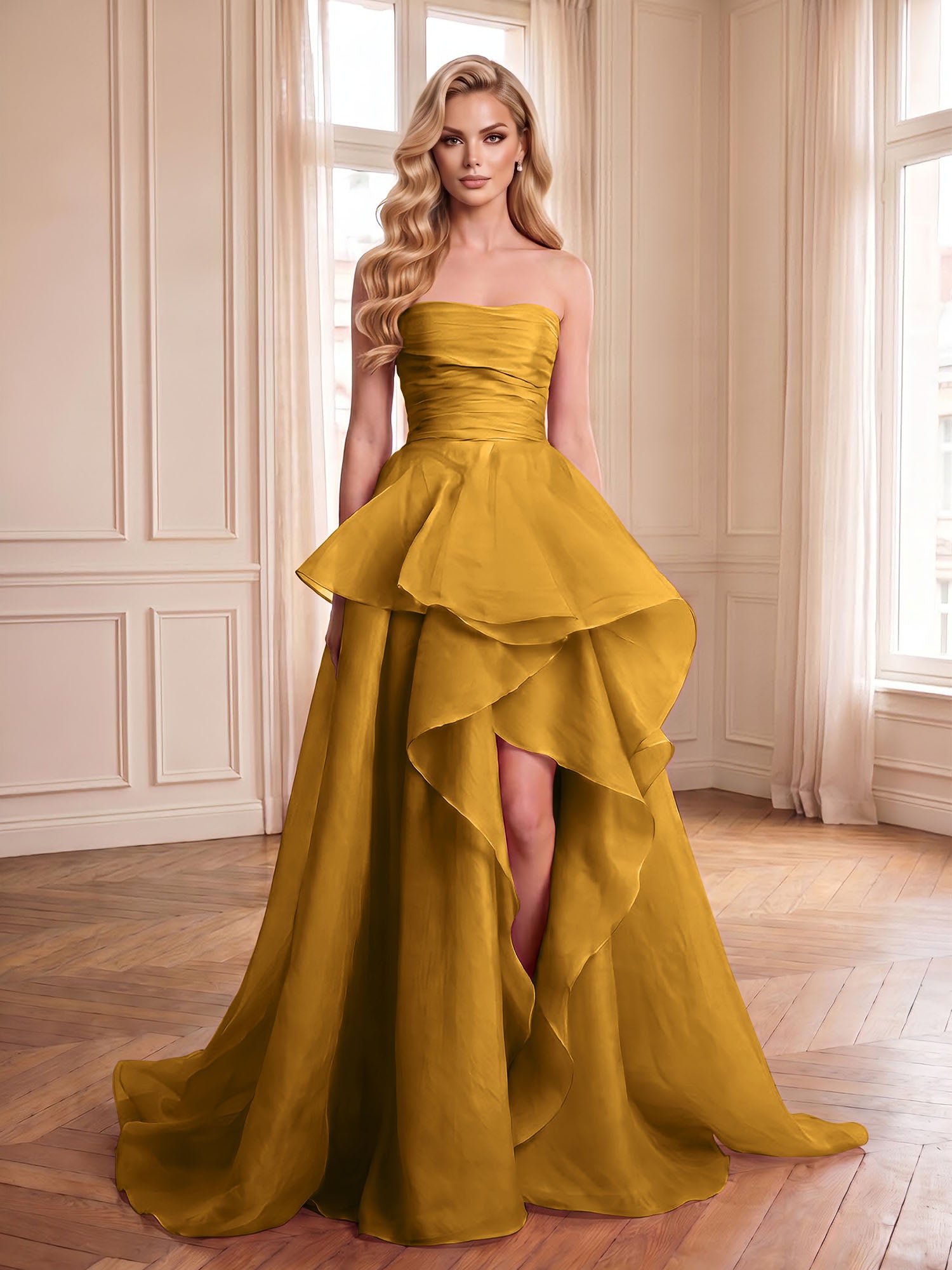 Formal Evening Tiered Dress Pink Strapless Maxi Gown