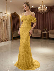 Sparkly Champagne Beaded Off-the-Shoulder Mermaid Long Prom Dress
