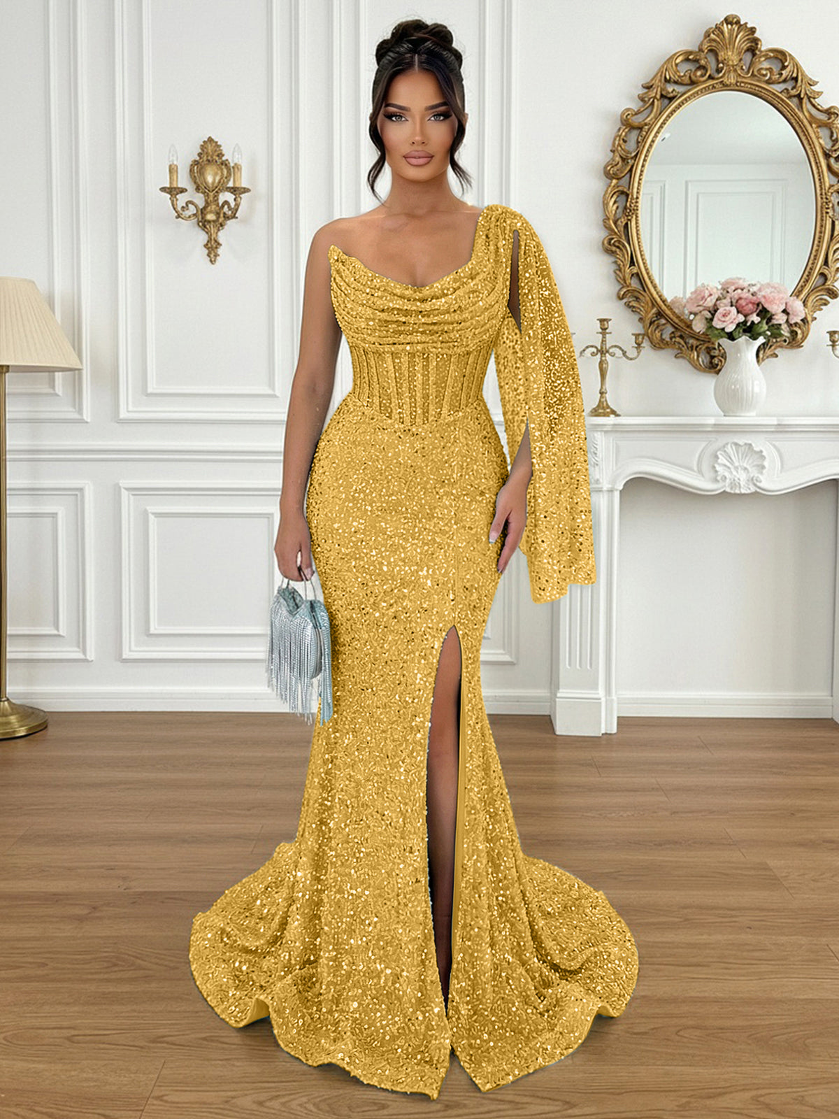 Glamorous Ice Blue One-Shoulder Sequin Corset Mermaid Prom Dresses with Slit