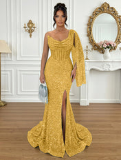 Glamorous Ice Blue One-Shoulder Sequin Corset Mermaid Prom Dresses with Slit