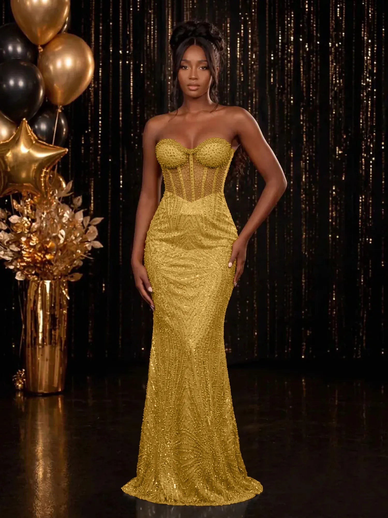 Strapless Sequin-Accented Mermaid Prom Dress with High Slit