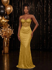 Strapless Sequin-Accented Mermaid Prom Dress with High Slit