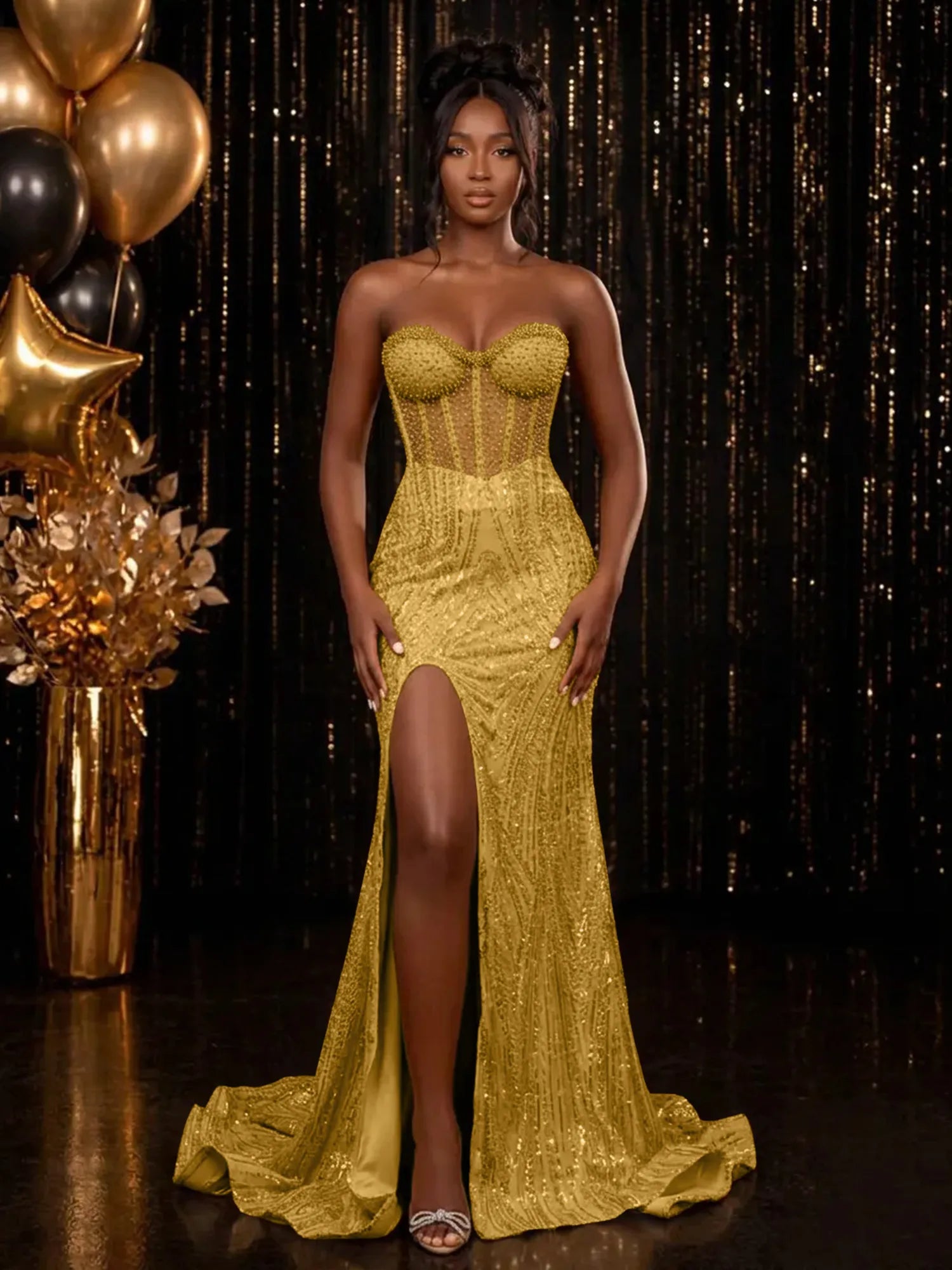 Strapless Sequin-Embellished Mermaid Prom Dress