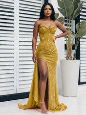 Glitter Orange Strapless Mermaid Sequined Long Prom Dress with Slit