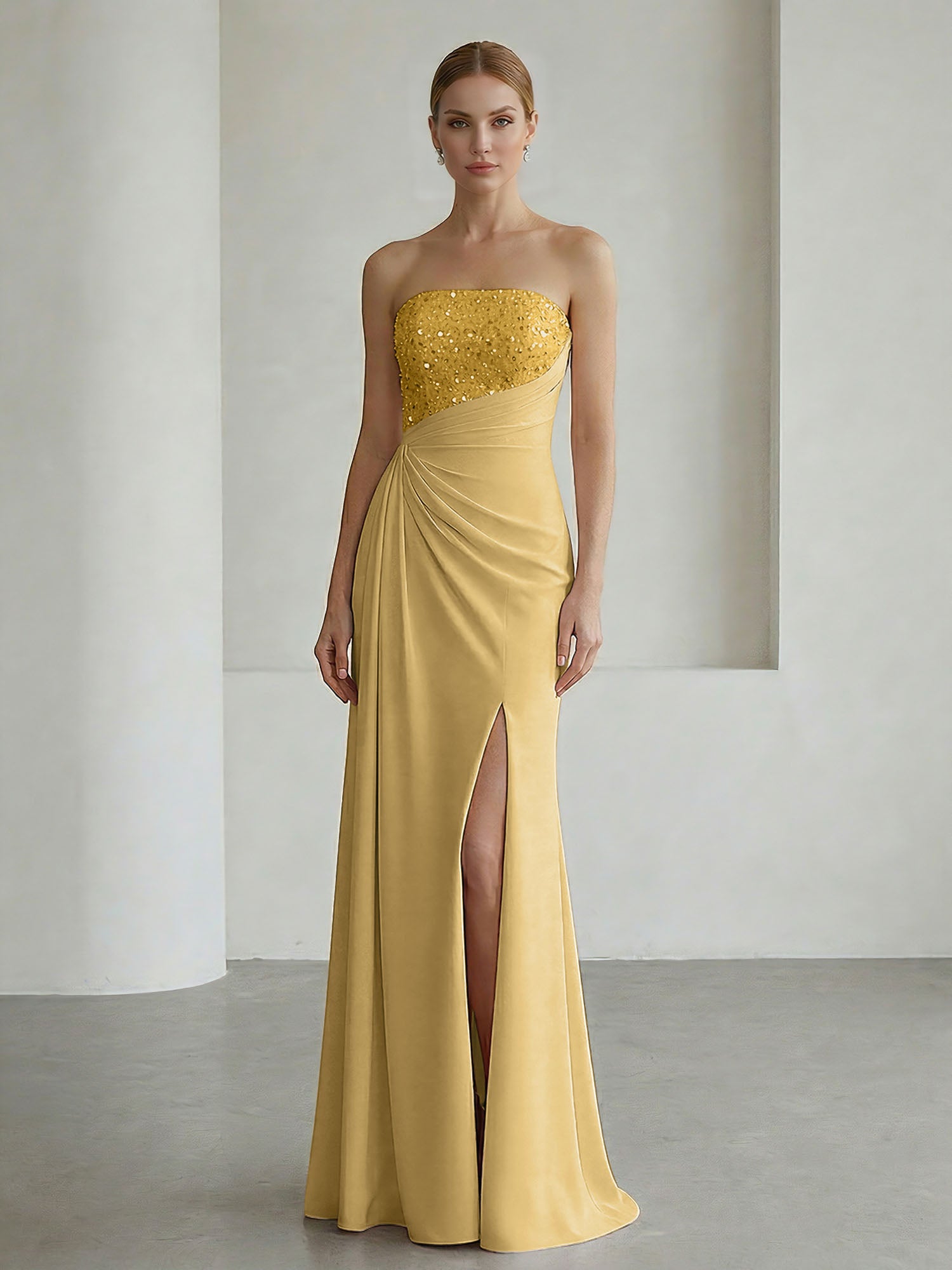 Glamorous Formal Evening Dress Soft Blush Beaded Strapless Slit Gown