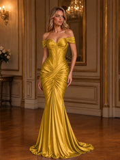 Burgundy Off-The-Shoulder Ruched Mermaid Floor-Length Gown Dress