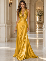 Elegant and Luxurious Cowl-neck Champagne Gold Satin Maxi Dress