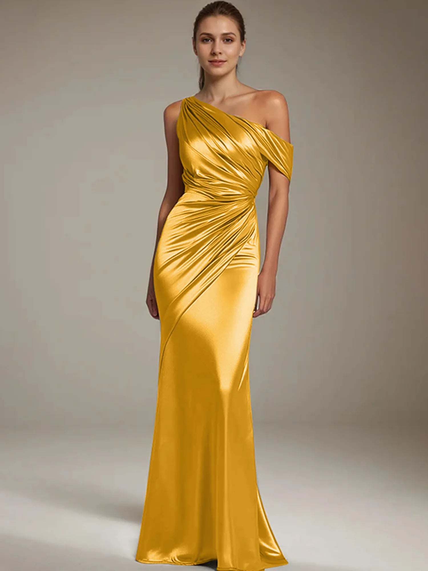 Formal Party Satin Dress Silver One-Shoulder Pleated  Floor-Length Dress