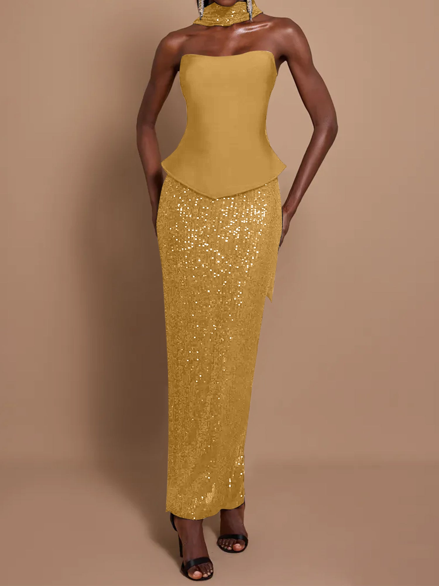 Off-Shoulder Bandage Top & Sequin Midi Skirt Set