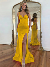 Hot Pink Lace-Up Back Corset Shimmer Prom Dresses with Slit