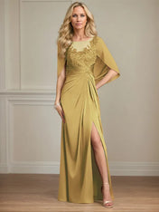Sheath/Column Satin Scoop Neck Cap Sleeves Floor Length Mother Of The Bride Dresses