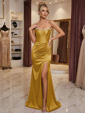 Burgundy Satin Corset Rhinestone Trim Floor-Length Prom Dress with Thigh Slit