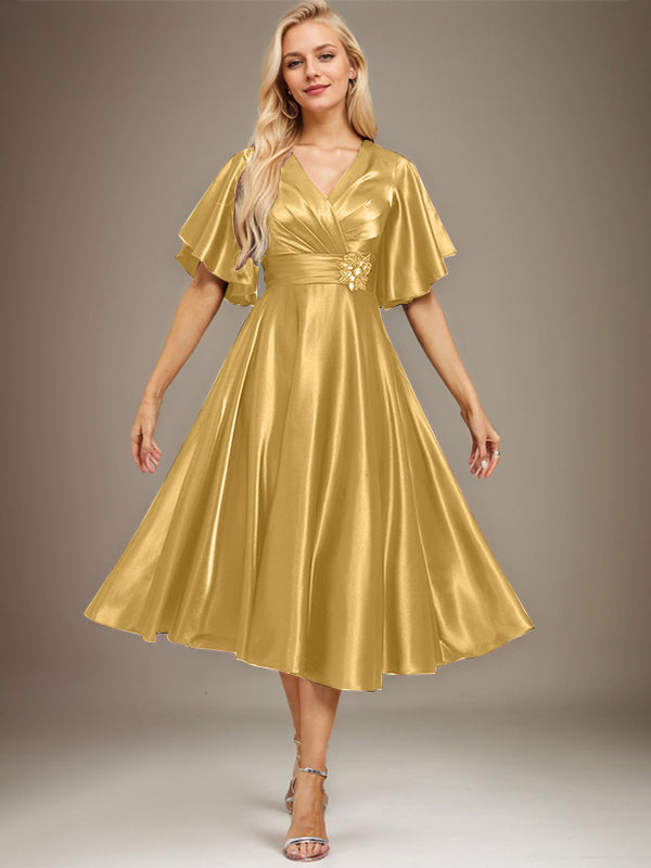 A-line V-Neck Tea-Length Stretch Satin Mother of the Bride Dress With Beading Pleated
