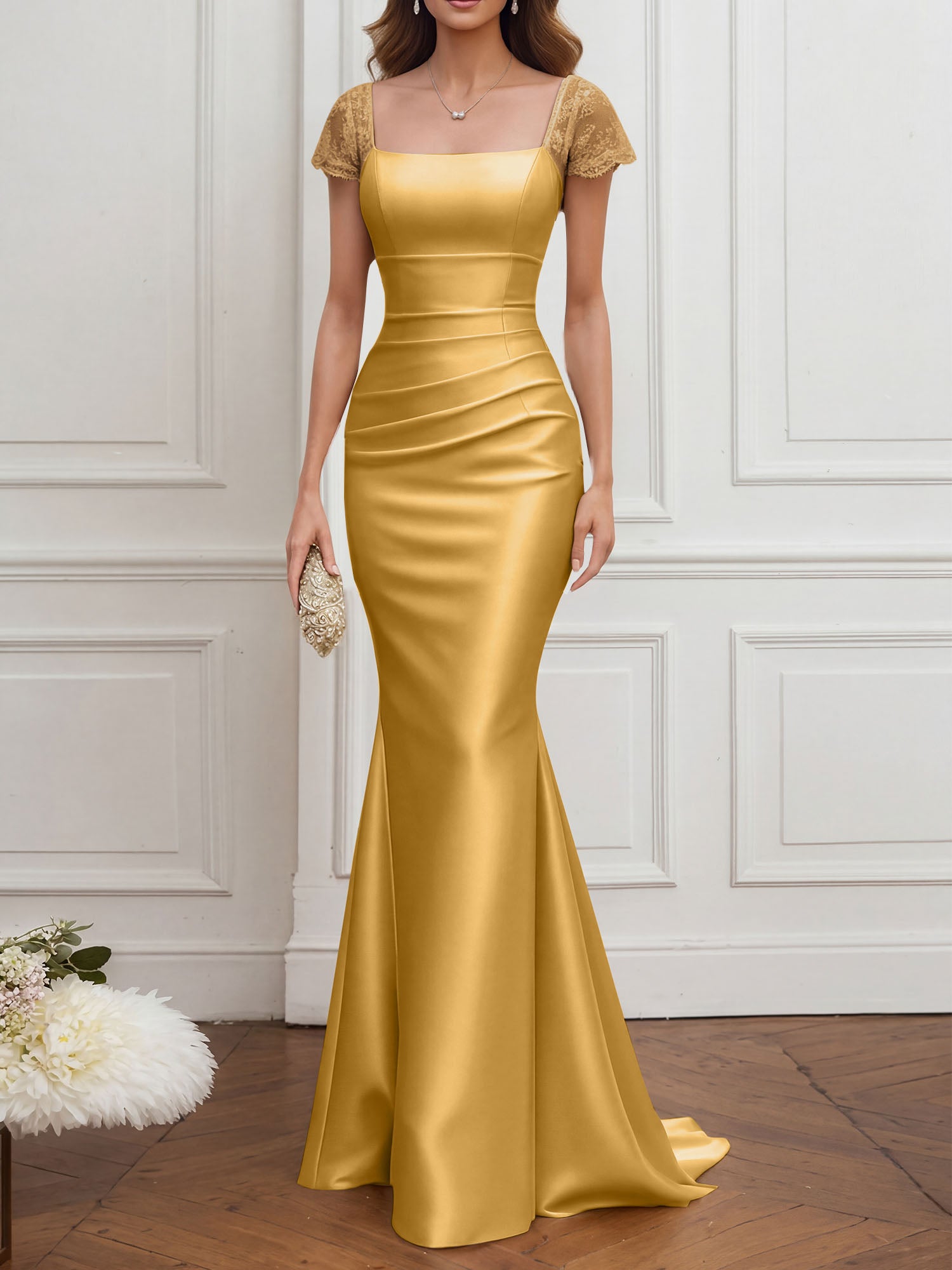 Mother of the Bride Dress Champagne Satin Square Neck Maxi Dress