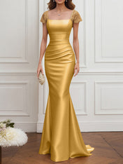 Mother of the Bride Dress Champagne Satin Square Neck Maxi Dress