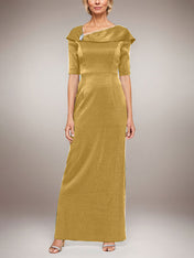 Long Shimmer Column Dress with Foldover Cuff L-Neckline and Elbow Sleeves