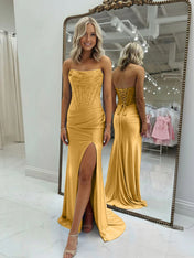 Bodycon Scoop Neck Satin Long Prom Dress with Slit