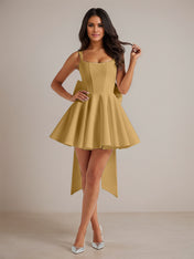 A-Line Square Neck Pleated Mini Homecoming Dress with Bow