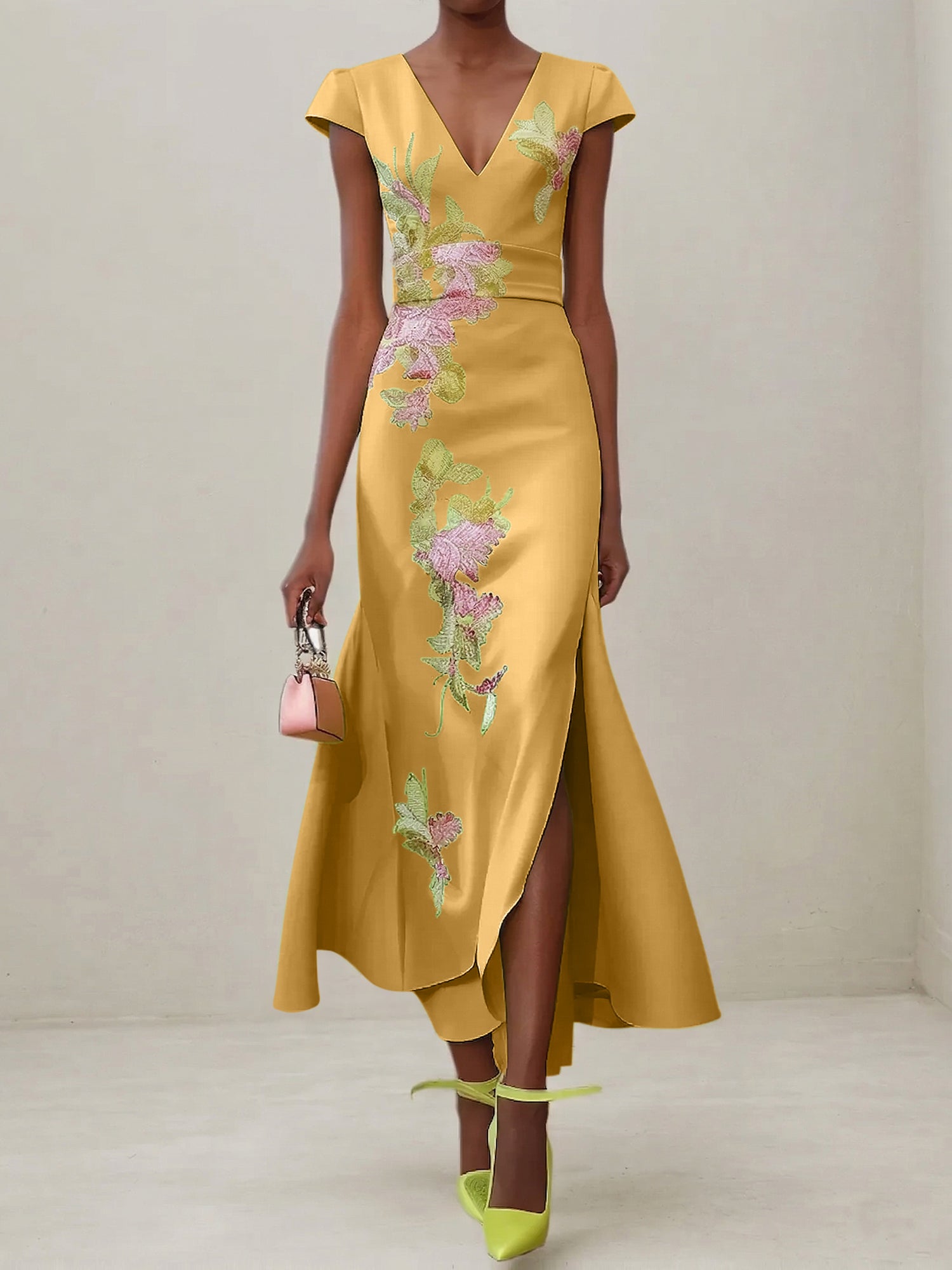 Green Floral V Neck Embroidered Cap Sleeve Slit Sheath Maxi Dress