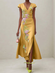 Green Floral V Neck Embroidered Cap Sleeve Slit Sheath Maxi Dress
