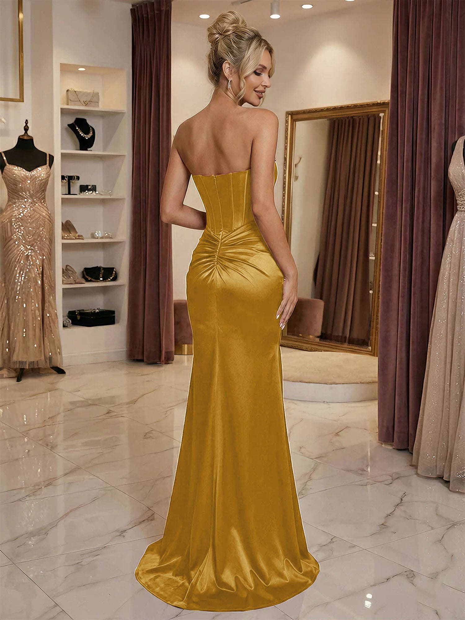 Burgundy Satin Corset Rhinestone Trim Floor-Length Prom Dress with Thigh Slit