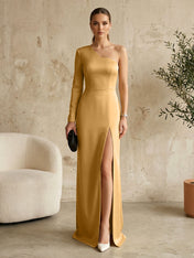 Long Sleeves Black One Shoulder Formal Dress Evening Gown