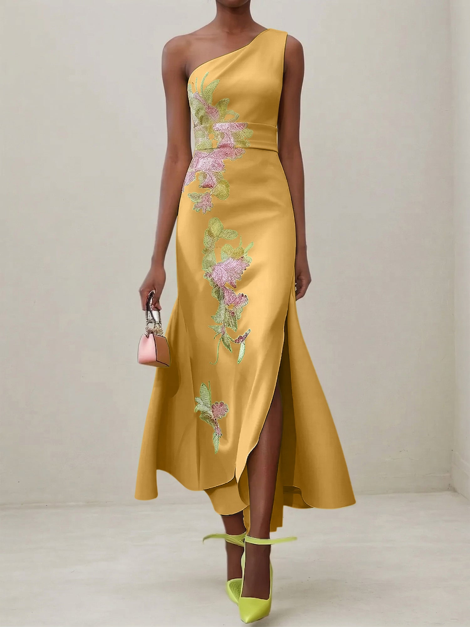 Green Floral One Shoulder Embroidered Cap Sleeve Slit Sheath Maxi Dress