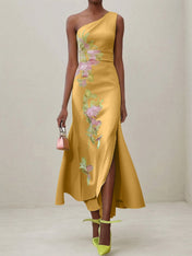 Green Floral One Shoulder Embroidered Cap Sleeve Slit Sheath Maxi Dress