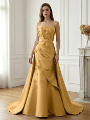 Lavender Satin 3D Floral Strapless A-Line Gown